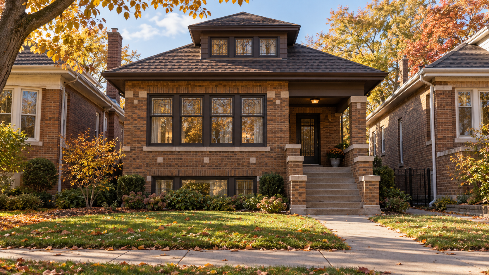 Concept rendering of a brick Chicago bungalow with a raised entry and broad roof; not an actual completed project.