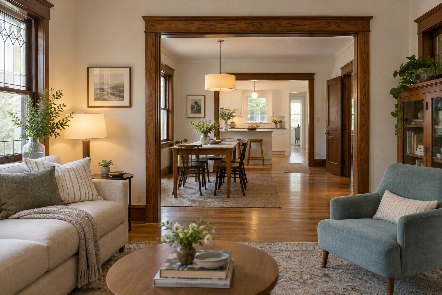Connected bungalow living, dining and kitchen rooms with retained oak openings, art-glass windows and contemporary furnishings.