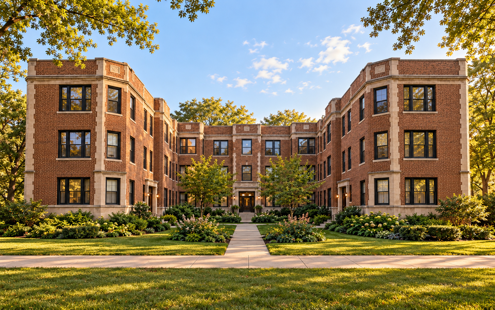 Concept rendering of a brick Chicago courtyard apartment building around a landscaped garden; not an actual completed project.