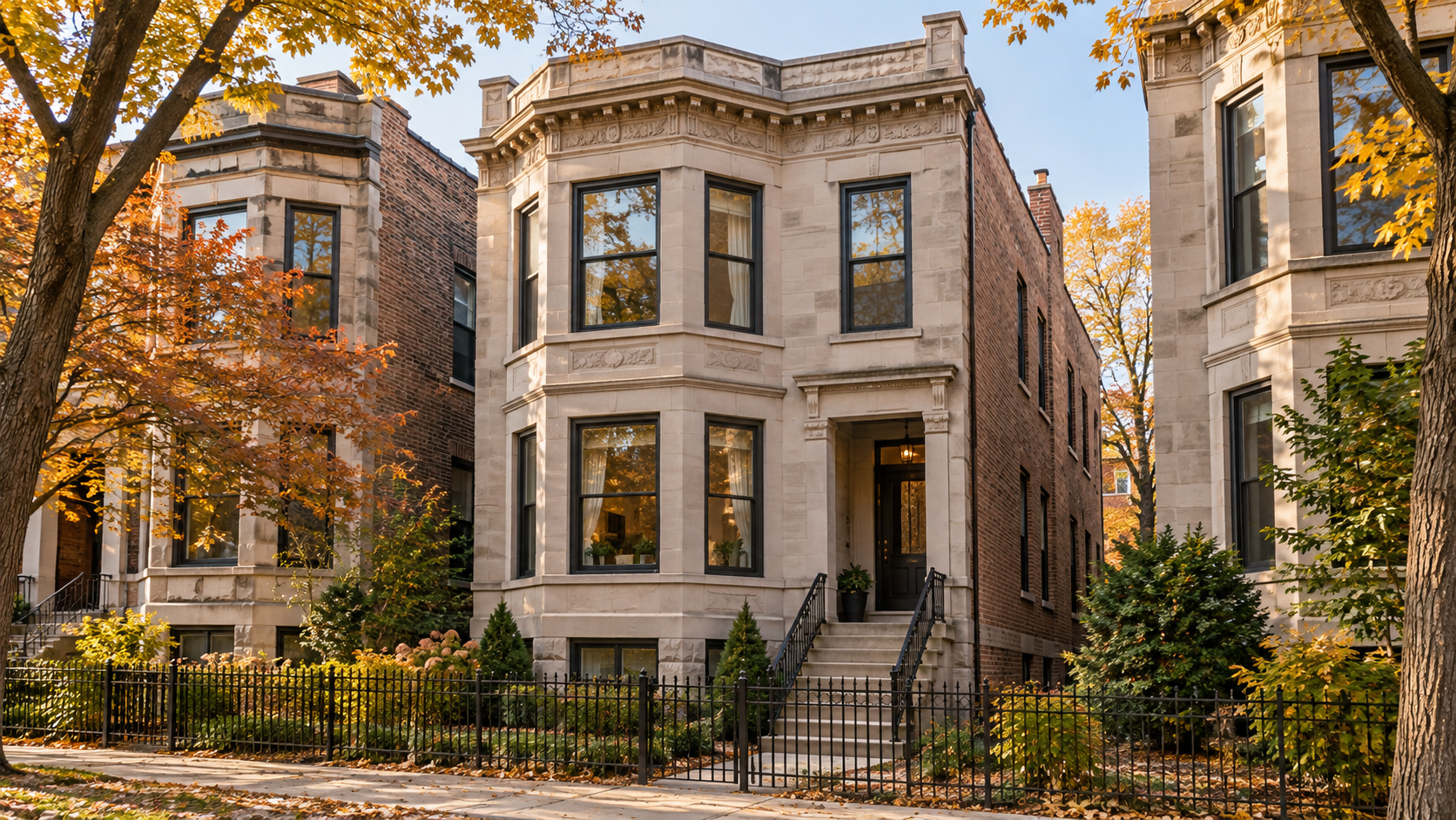 Concept rendering of a limestone-front Chicago greystone with a bay window and carved stone details; not an actual completed project.