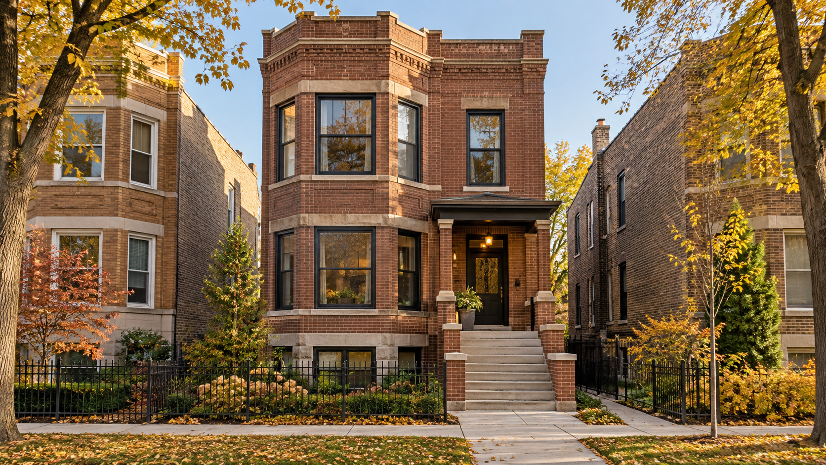 Concept rendering of a brick Chicago two-flat with stacked bays and a raised entry; not an actual completed project.