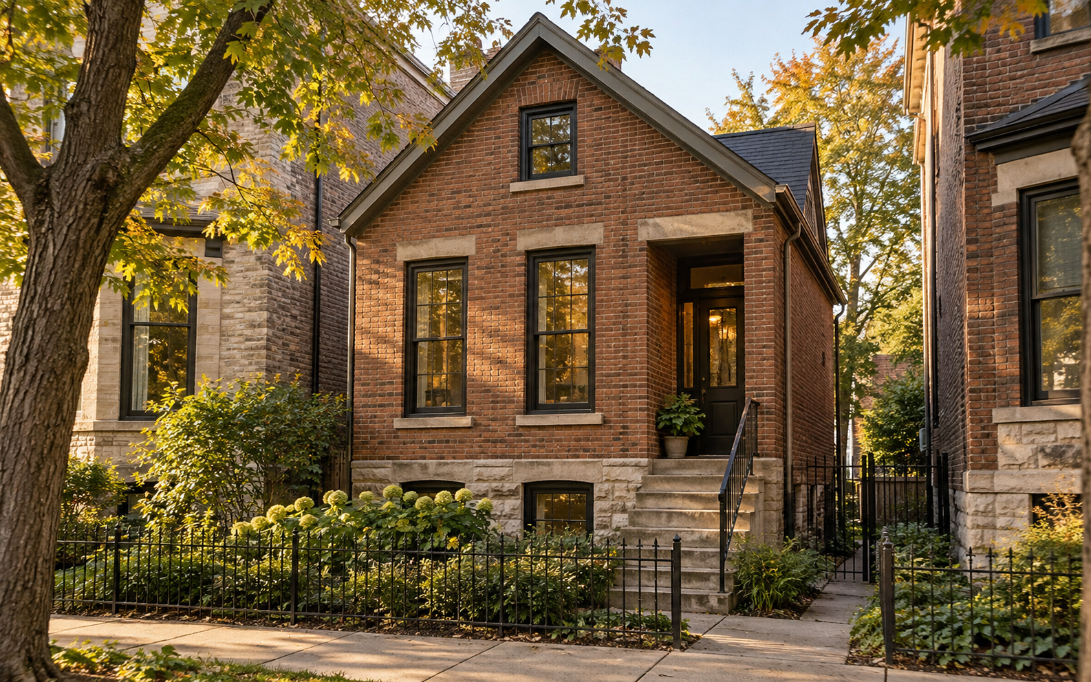 Concept rendering of a brick Chicago worker's cottage with a gable front and raised entry; not an actual completed project.