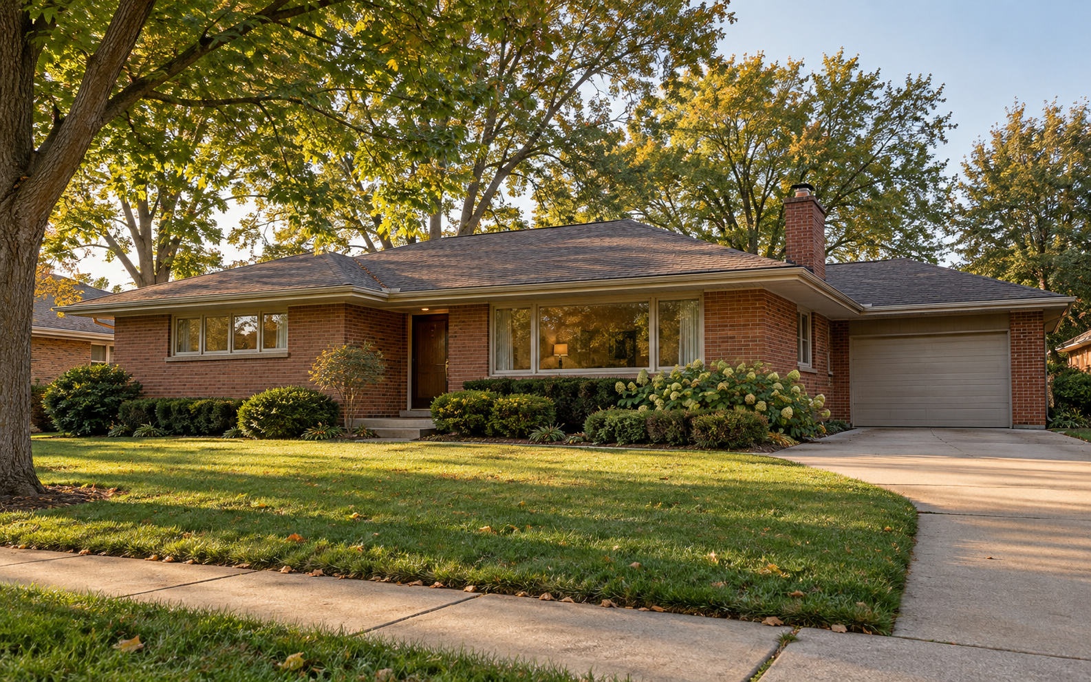 Concept rendering of a low brick ranch home in a mature Chicagoland neighborhood; not an actual completed project.