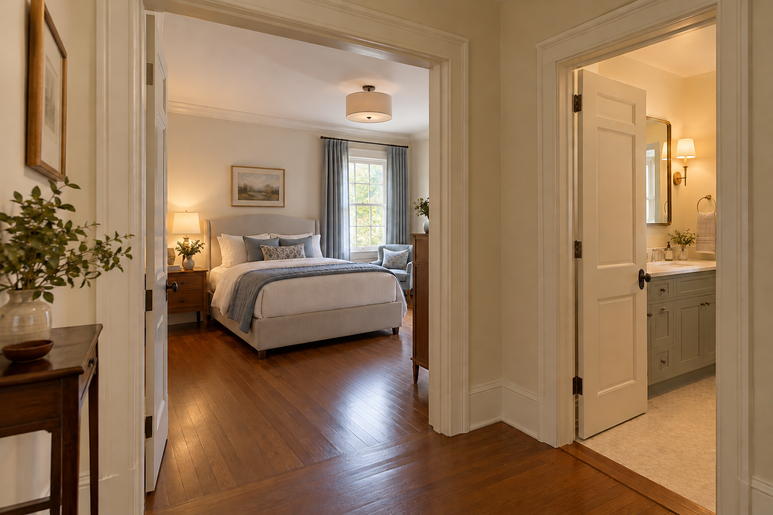 Colonial Revival main-floor bedroom and separate bathroom arranged off a clear hall with retained trim and contemporary fittings.