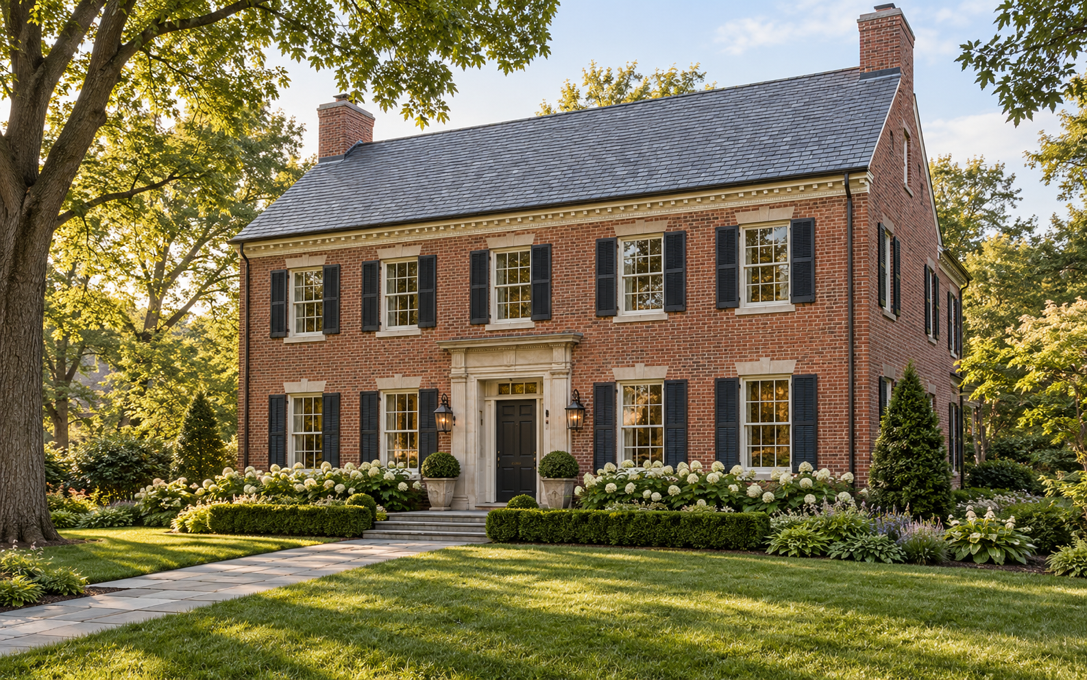 Concept rendering of a symmetrical brick Colonial Revival house with dark shutters; not an actual completed project.