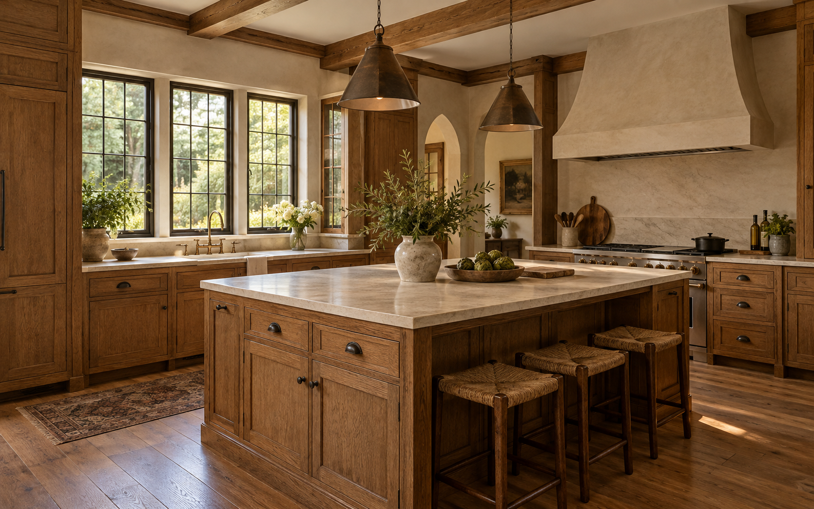 Concept rendering of a warm oak kitchen with exposed beams and a stone island in a historic home; not an actual completed project.