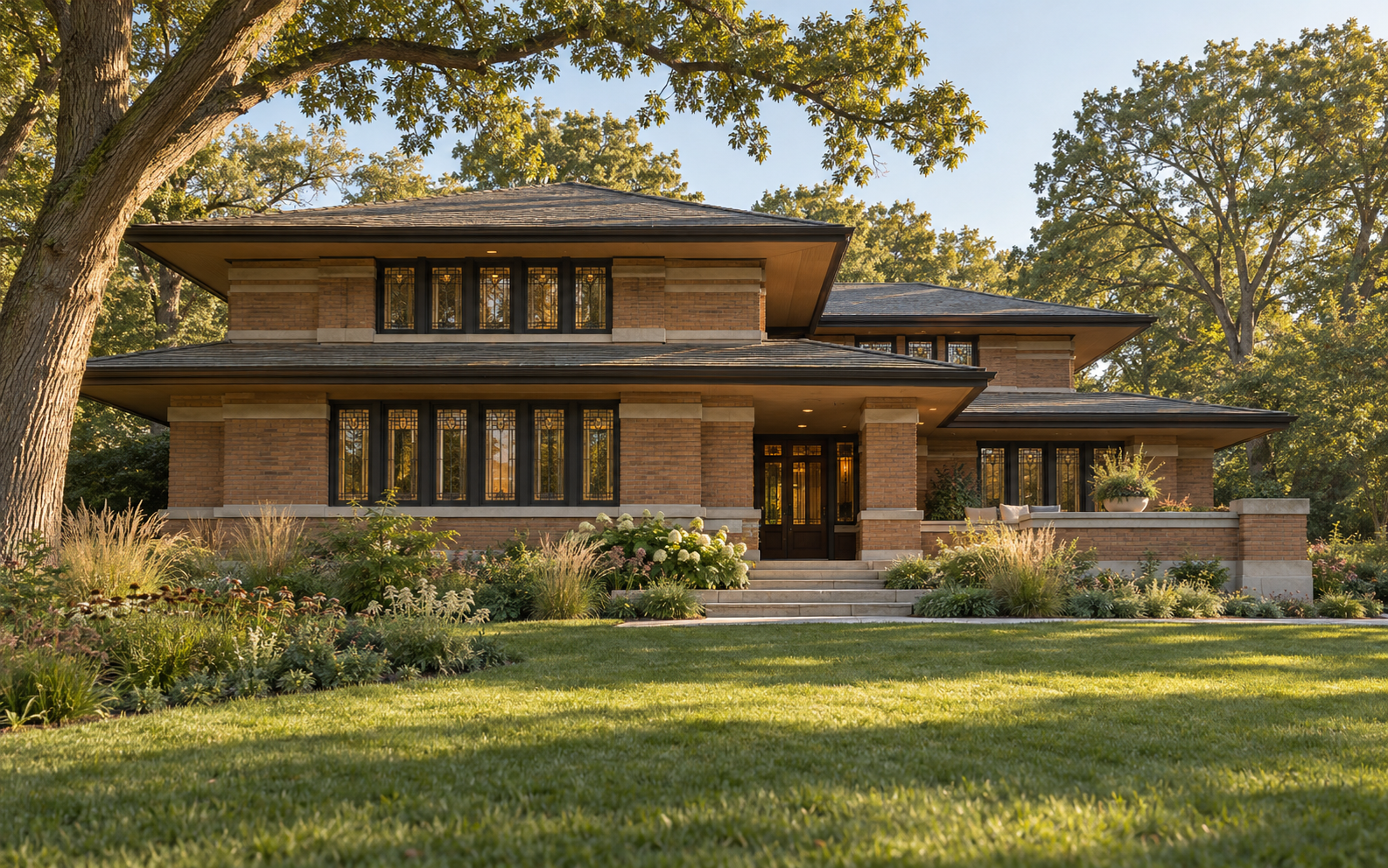 Concept rendering of a broad, low-roofed Prairie-style house in a mature landscape; not an actual completed project.