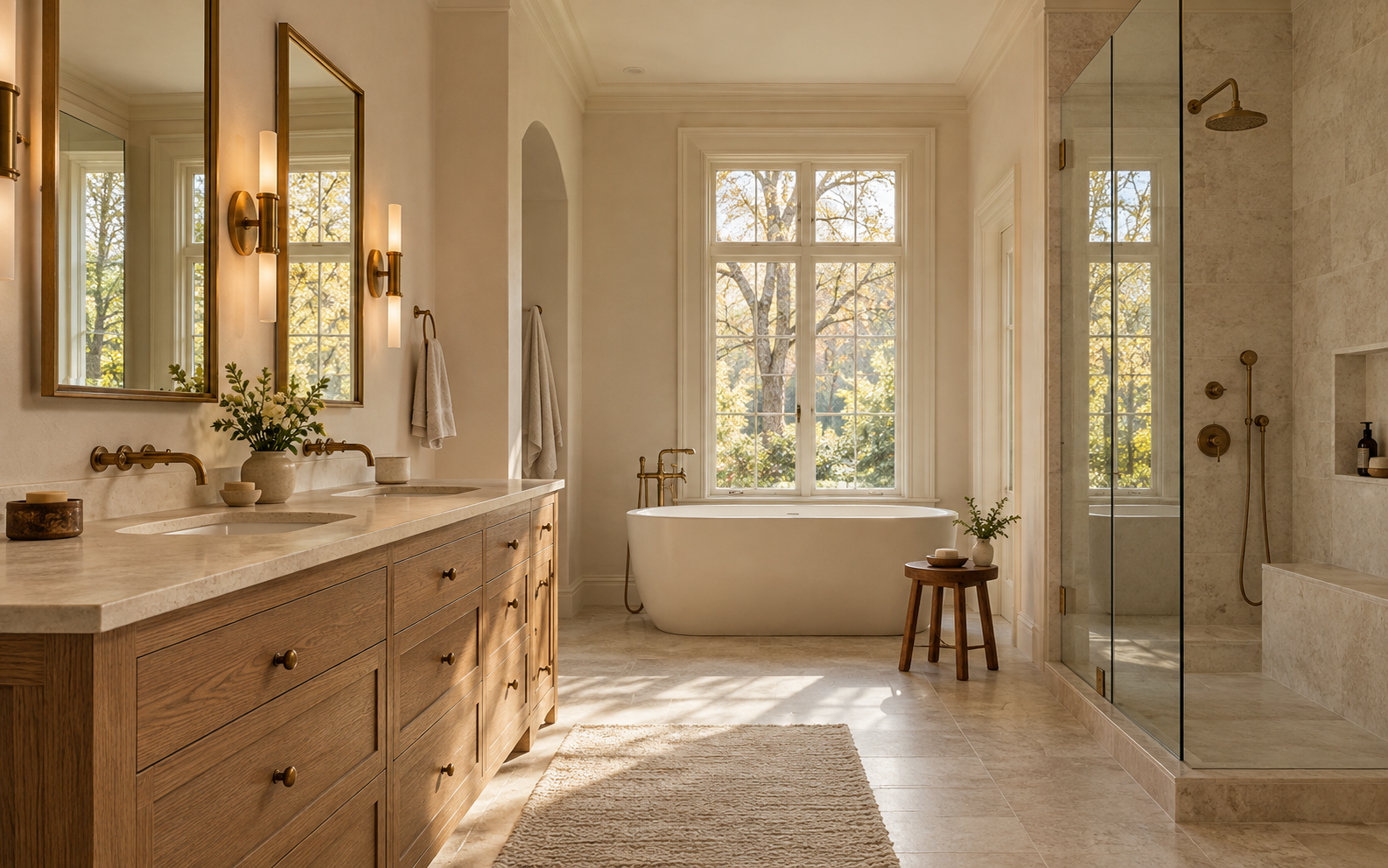 Concept rendering of a light primary bathroom with oak cabinetry, stone surfaces and traditional trim; not an actual completed project.