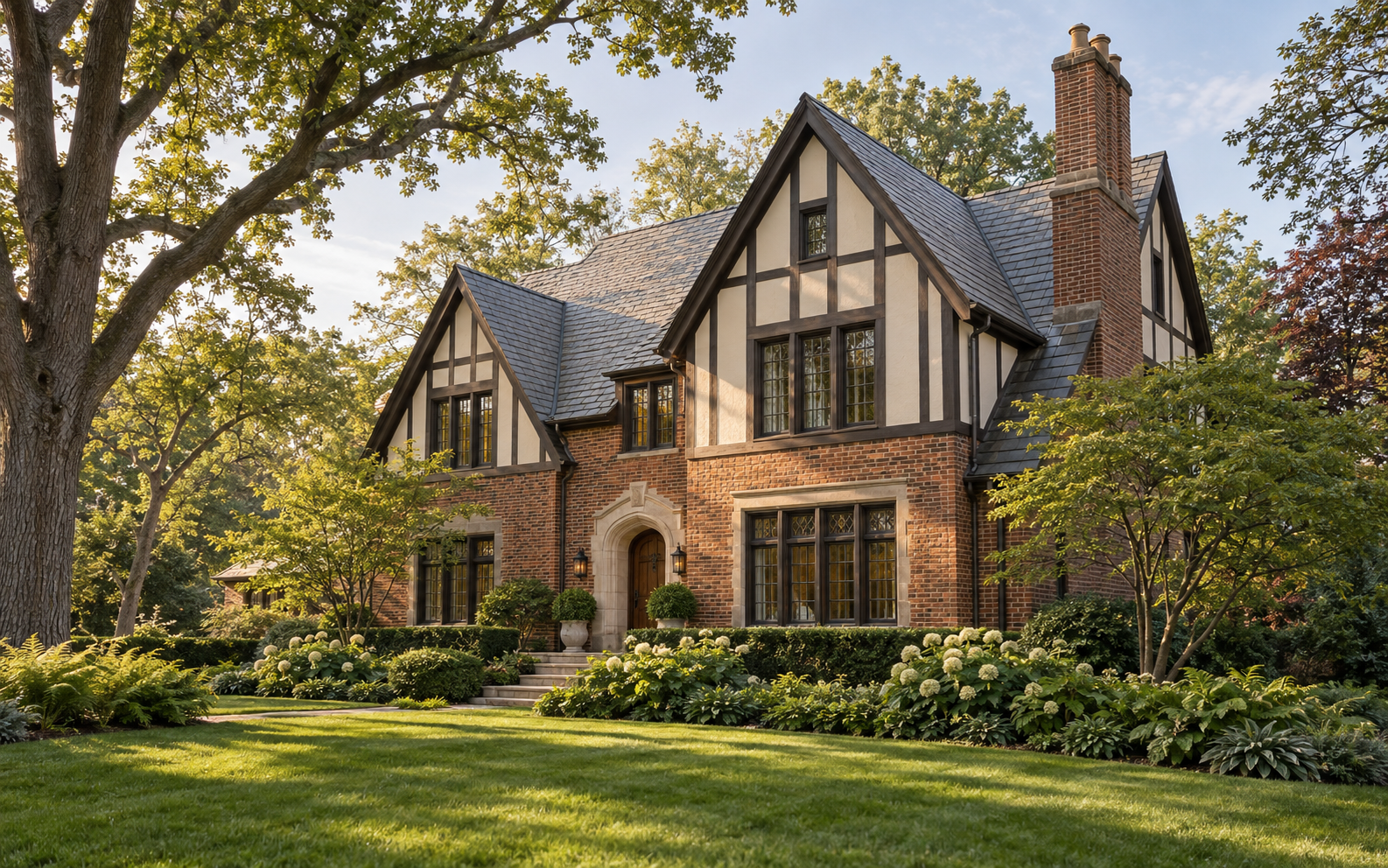Concept rendering of a brick-and-stucco Tudor Revival house framed by mature trees; not an actual completed project.