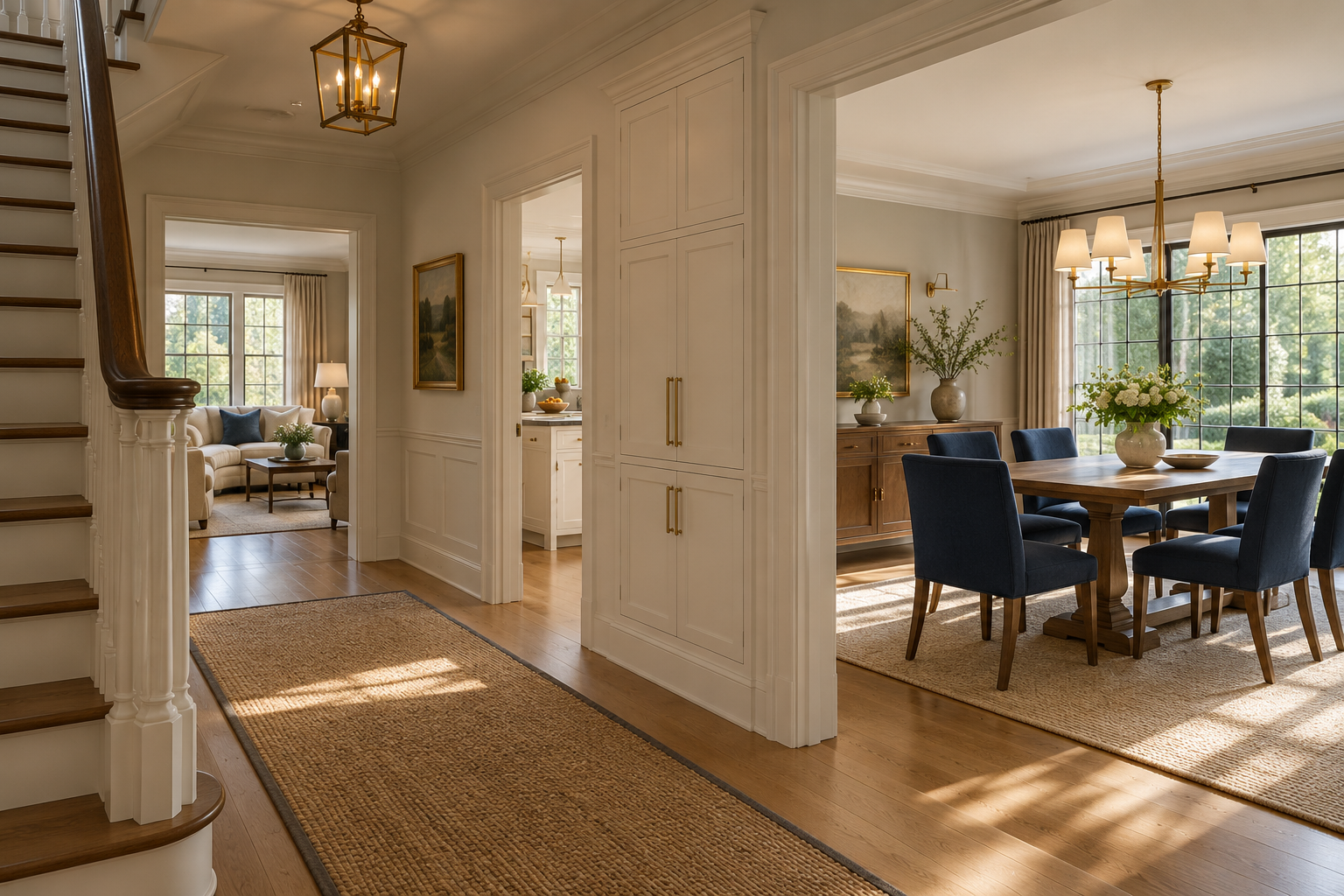 A center hall with built-in storage connecting a dining room, kitchen and separate sitting room.