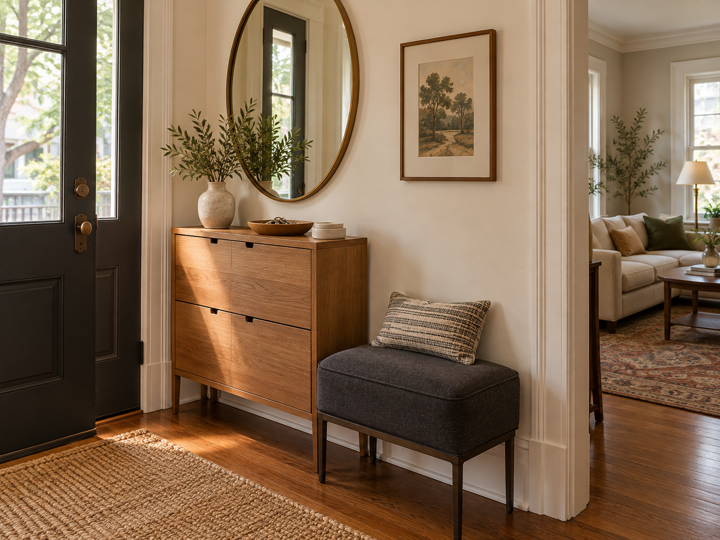 An entry with a closed shoe cabinet, compact bench and mirror beside the front door.