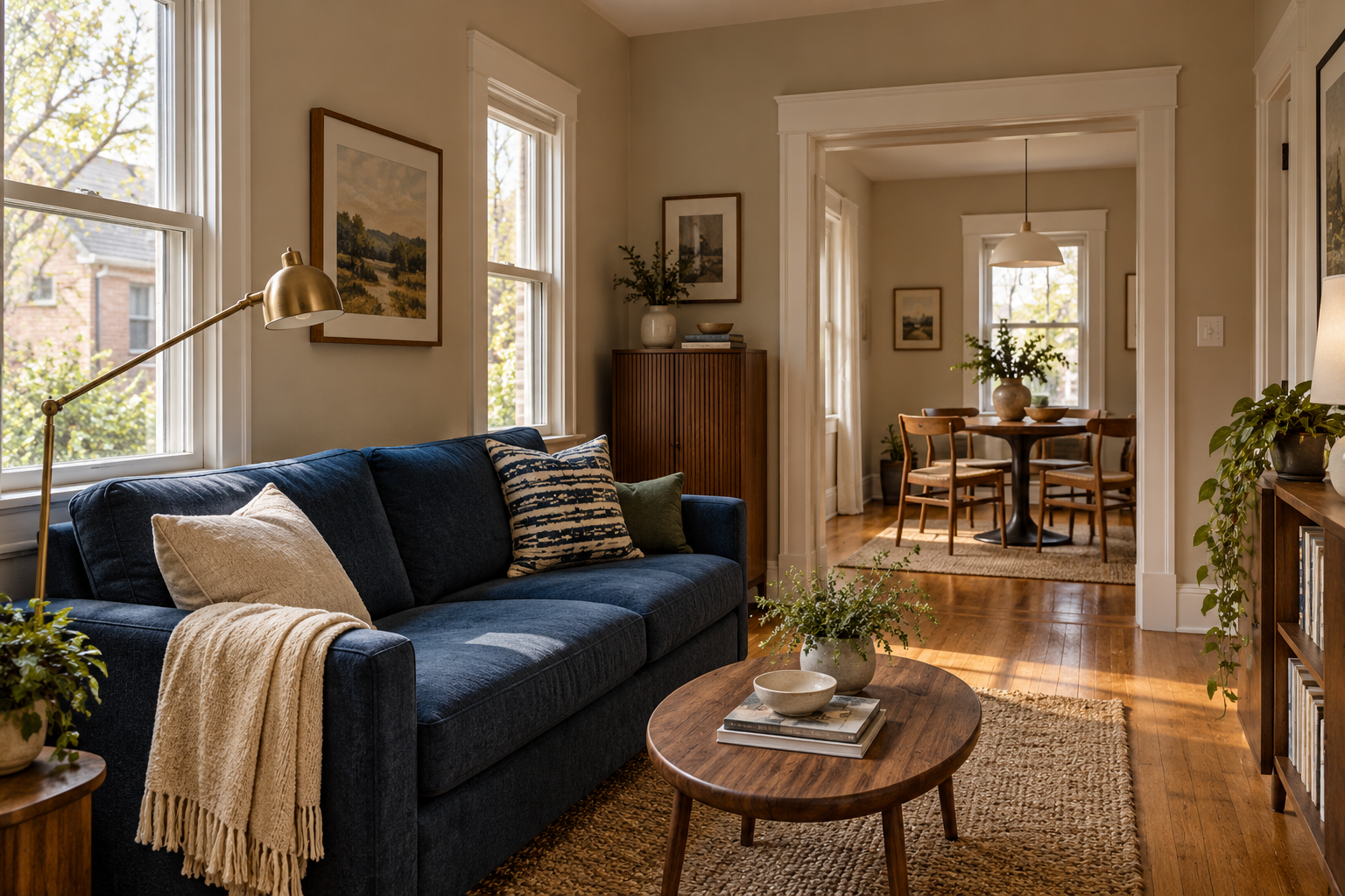 A narrow cottage living room with a blue sofa, shallow storage and a wide cased opening to the dining room.