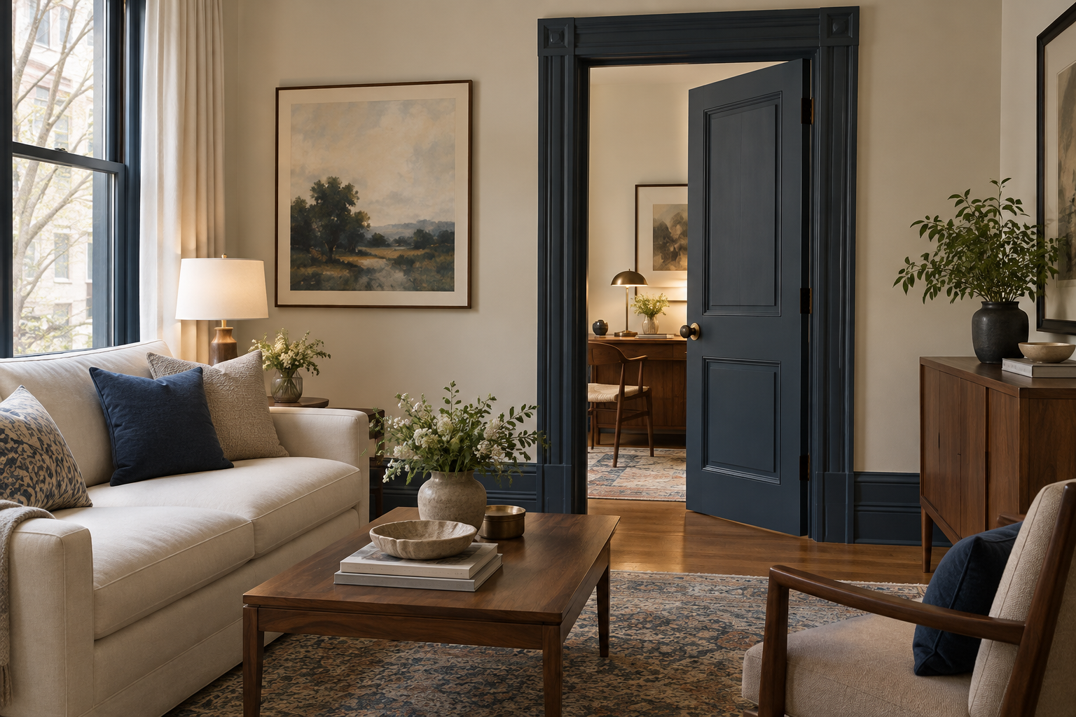 A sitting room separated from a home office by a substantial dark-painted door.