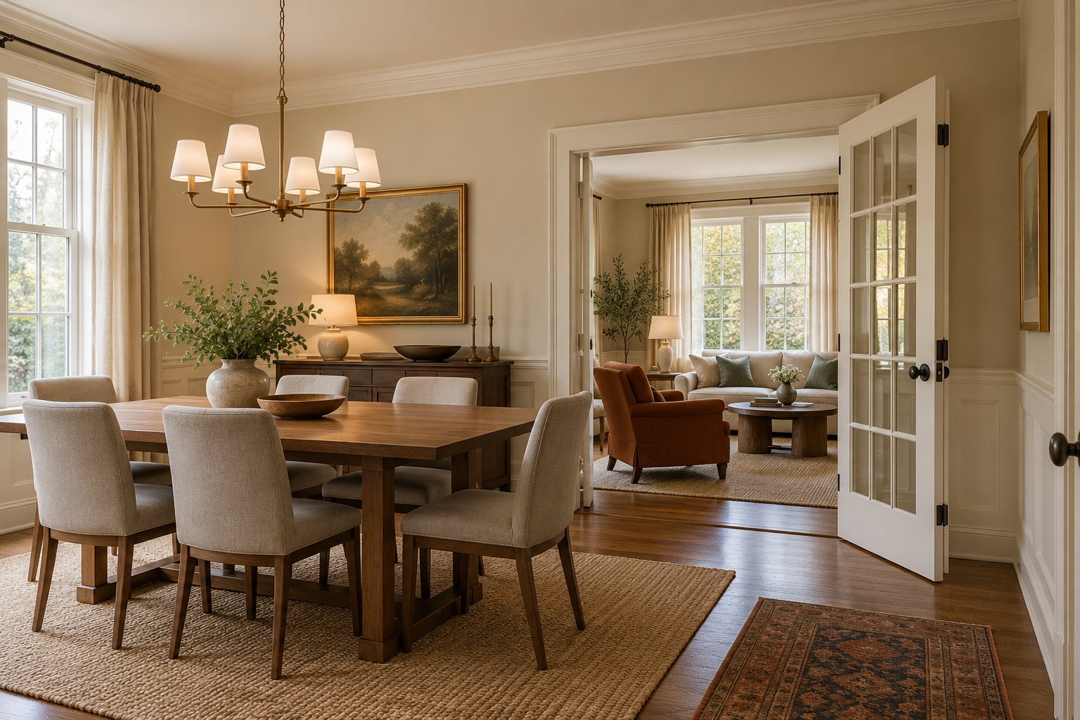A dining room and sitting room connected by a wide opening with glass French doors.