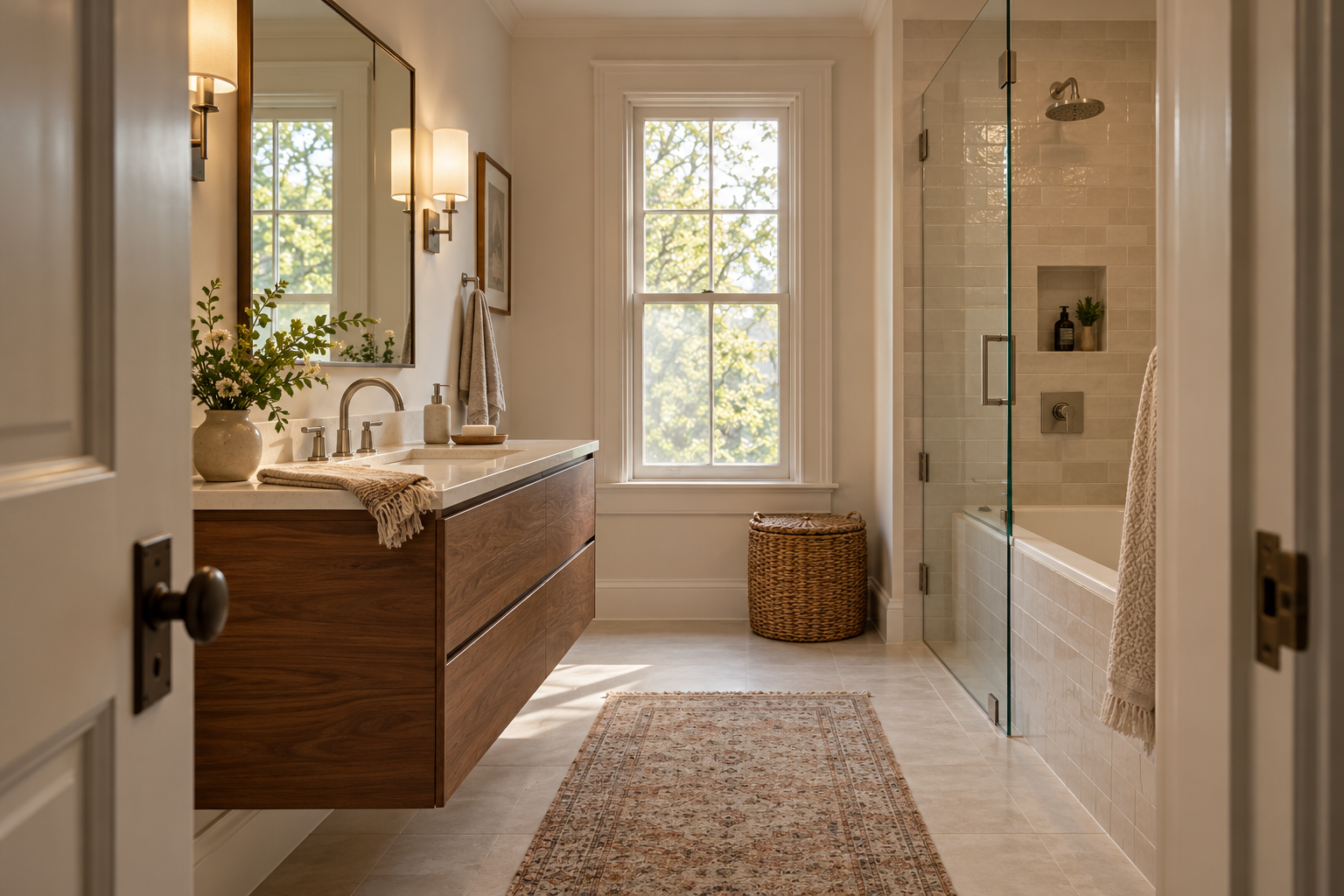 A contemporary bathroom with a wood vanity, glass shower and retained traditional window trim.