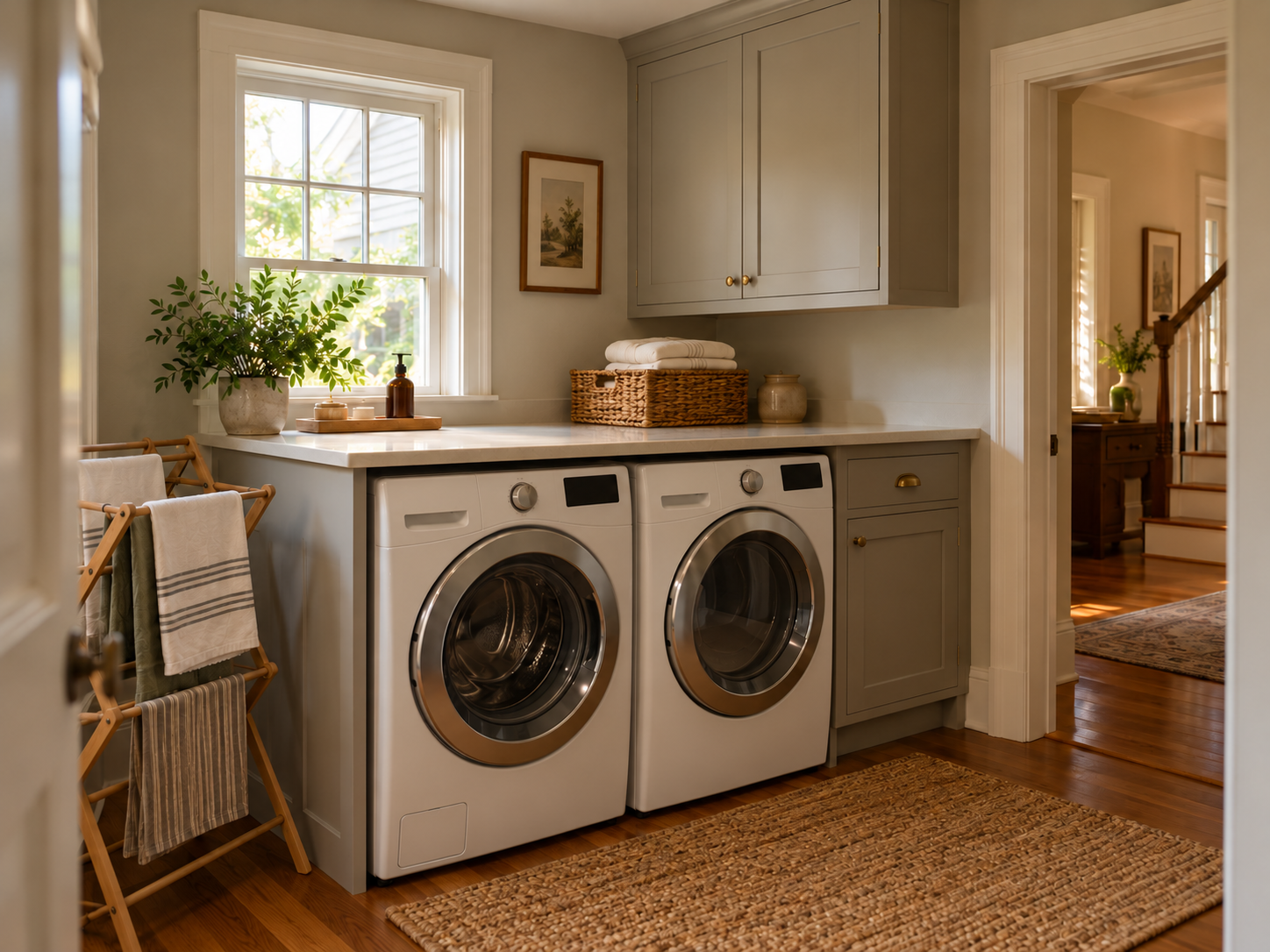 A compact laundry room with folding counter, closed storage and freestanding drying rack.