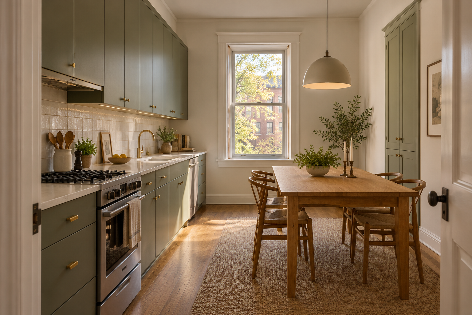 A narrow kitchen with green cabinetry and a wood table in place of an island.