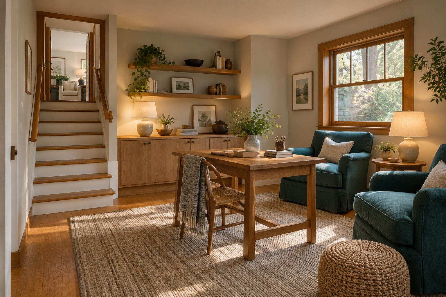 A lower-level leisure room with open storage, table workspace, seating and a visible stair.