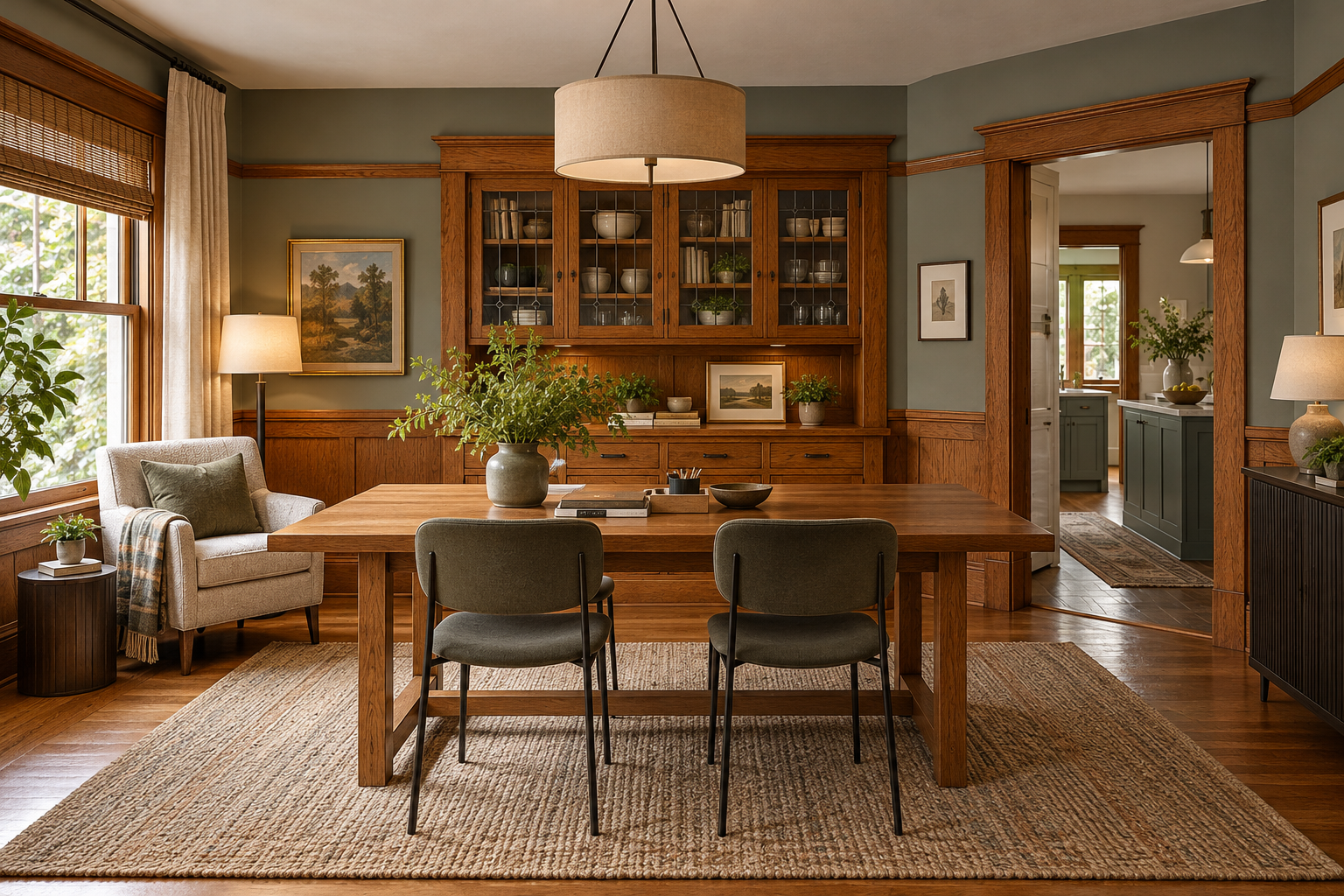 An oak-trimmed dining room arranged as a shared work and reading space with retained built-ins.