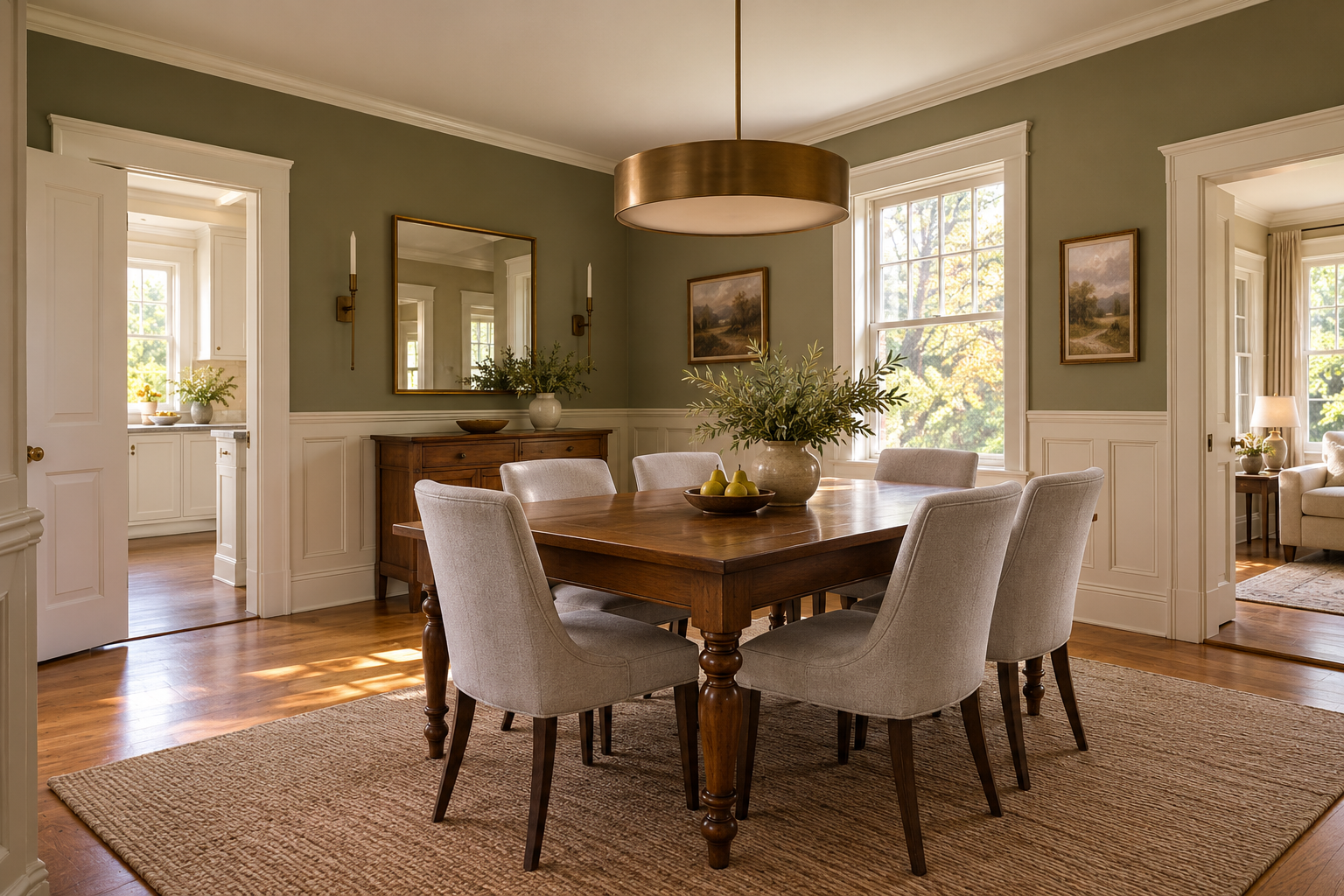 A traditional dining table paired with simple contemporary chairs and lighting.