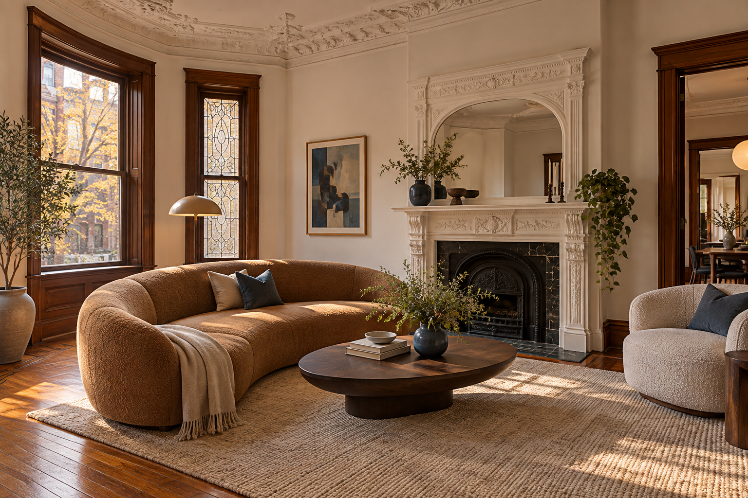 A Victorian living room with an ornate mantel, decorative plaster and contemporary curved seating.