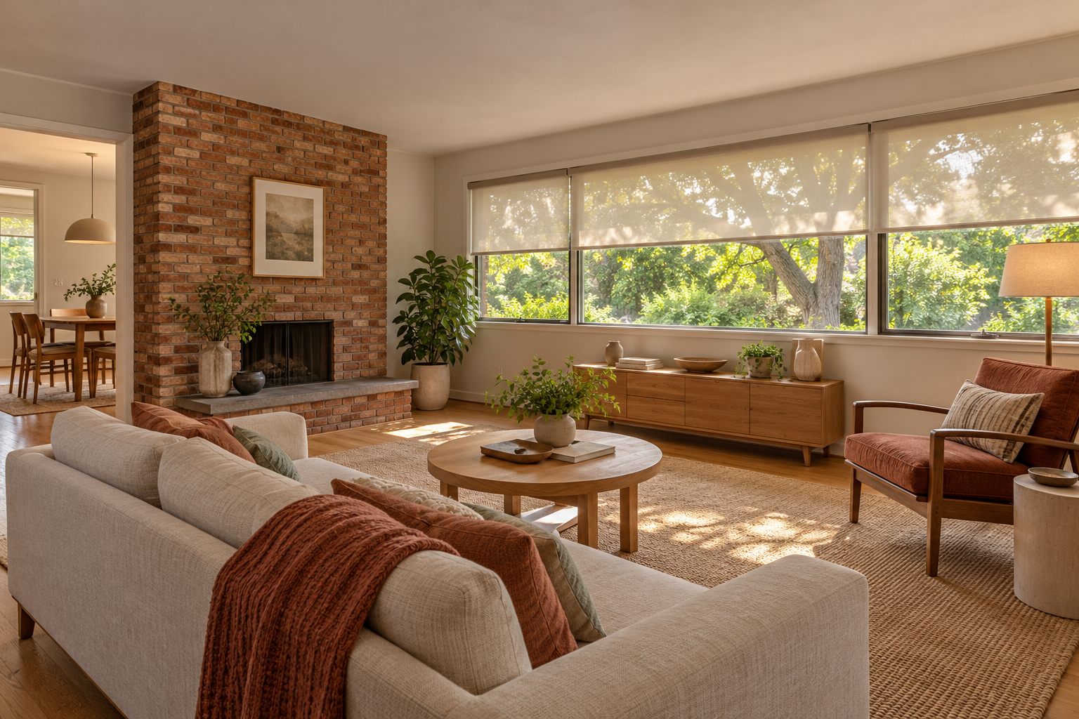 A ranch living room using translucent roller shades to temper sunlight across a wide window wall.