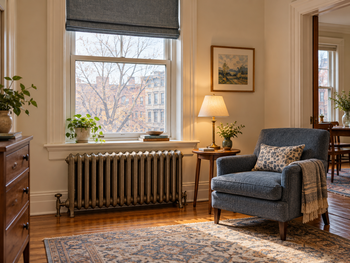 A shaded window with a radiator kept clear beside a reading chair and task lamp.
