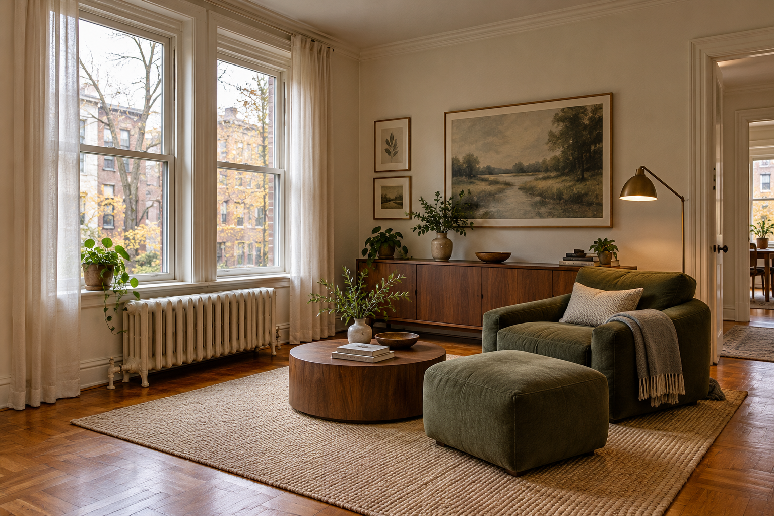 A bright reading room with low furniture, layered light and an unobstructed radiator beneath tall windows.