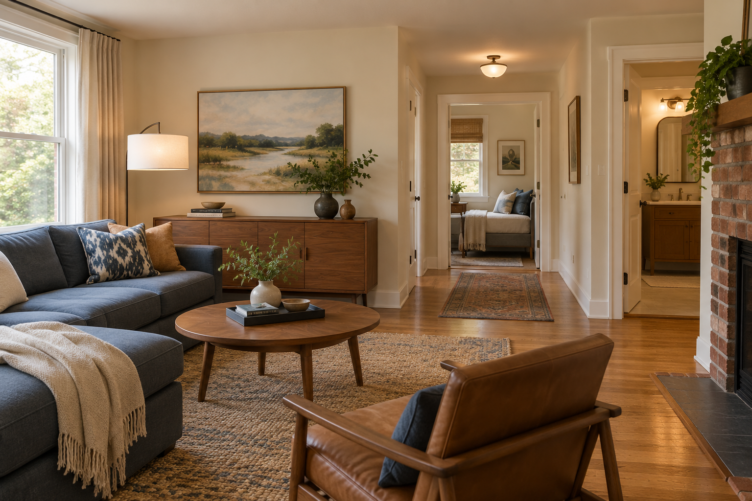 A one-level living area with a visible route toward a sleeping room and separate bathroom.
