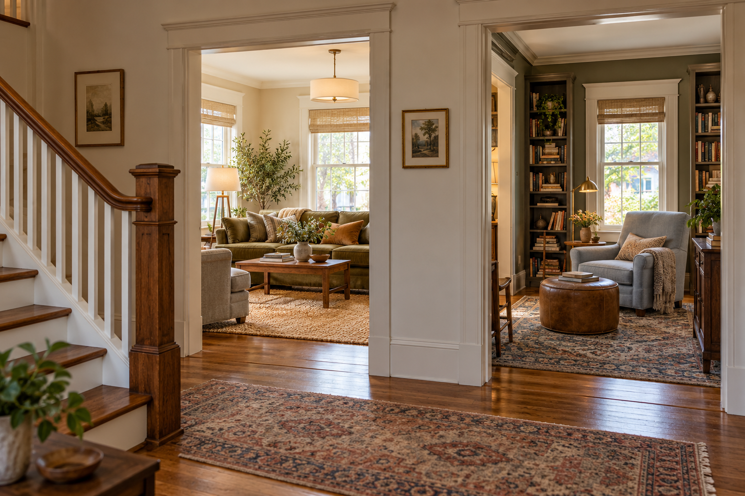A central hall connecting a shared living room and a separate quiet library.