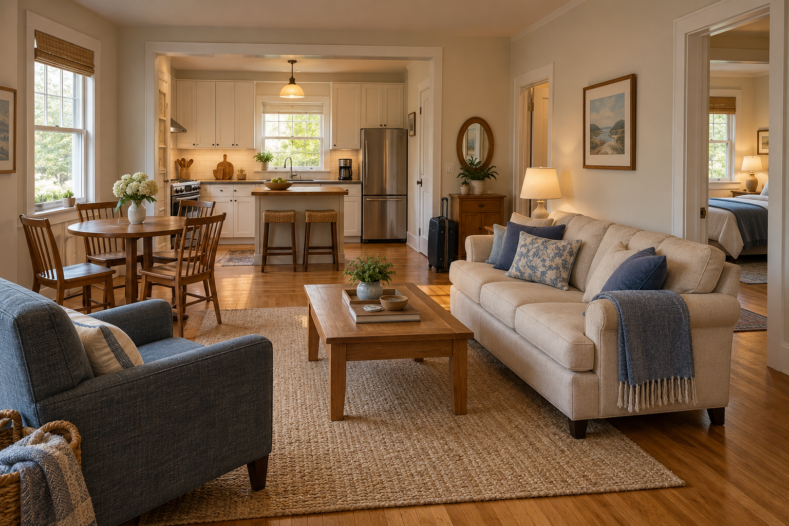 An intact temporary apartment with living, dining, kitchen and sleeping areas arranged for a household during renovation.