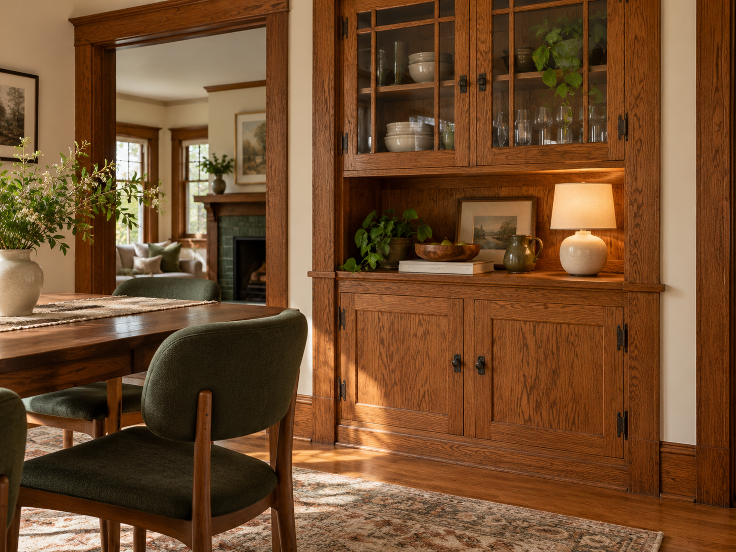 A retained oak dining-room built-in used for tableware, lighting and everyday storage.