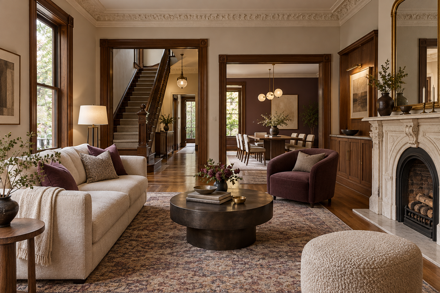 A rehabilitated front room retaining its stair, carved millwork and fireplace beside contemporary furniture.