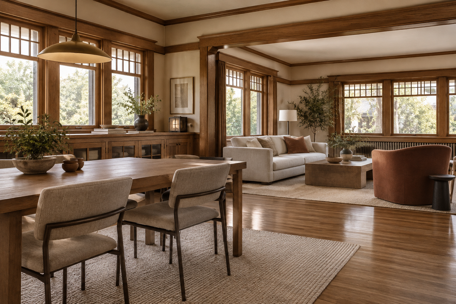 Prairie and Craftsman living and dining rooms combining retained oak bands and built-ins with restrained contemporary furniture and lighting.