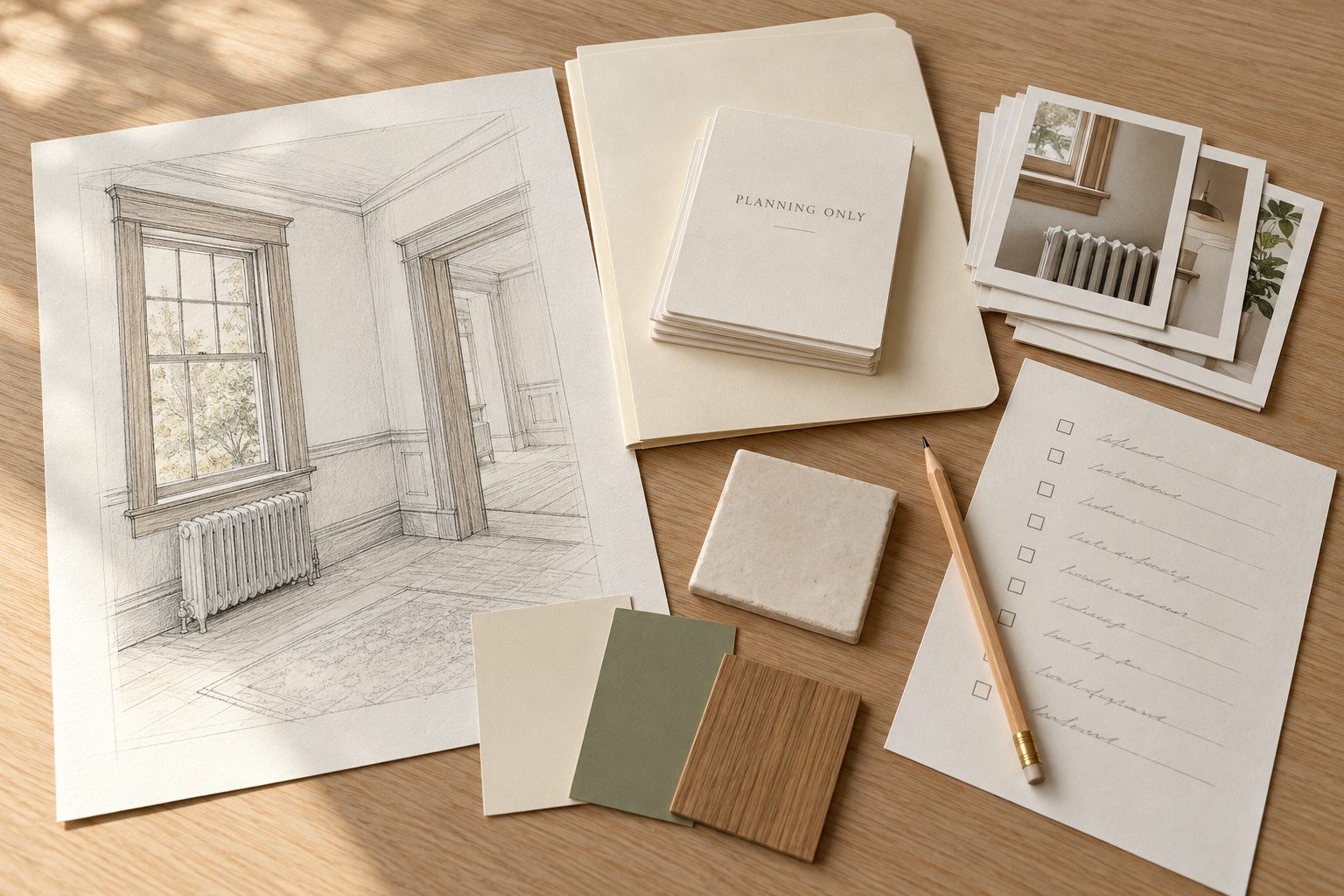 Planning packet with condition photographs, a room sketch, material samples and a decision list.