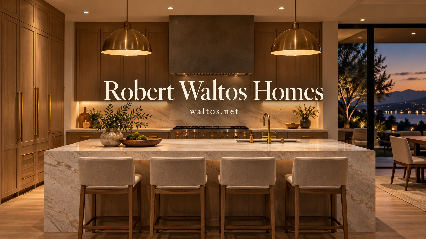 Concept image of a warm wood kitchen with a stone island. Robert Waltos Homes branding appears in the desktop version.