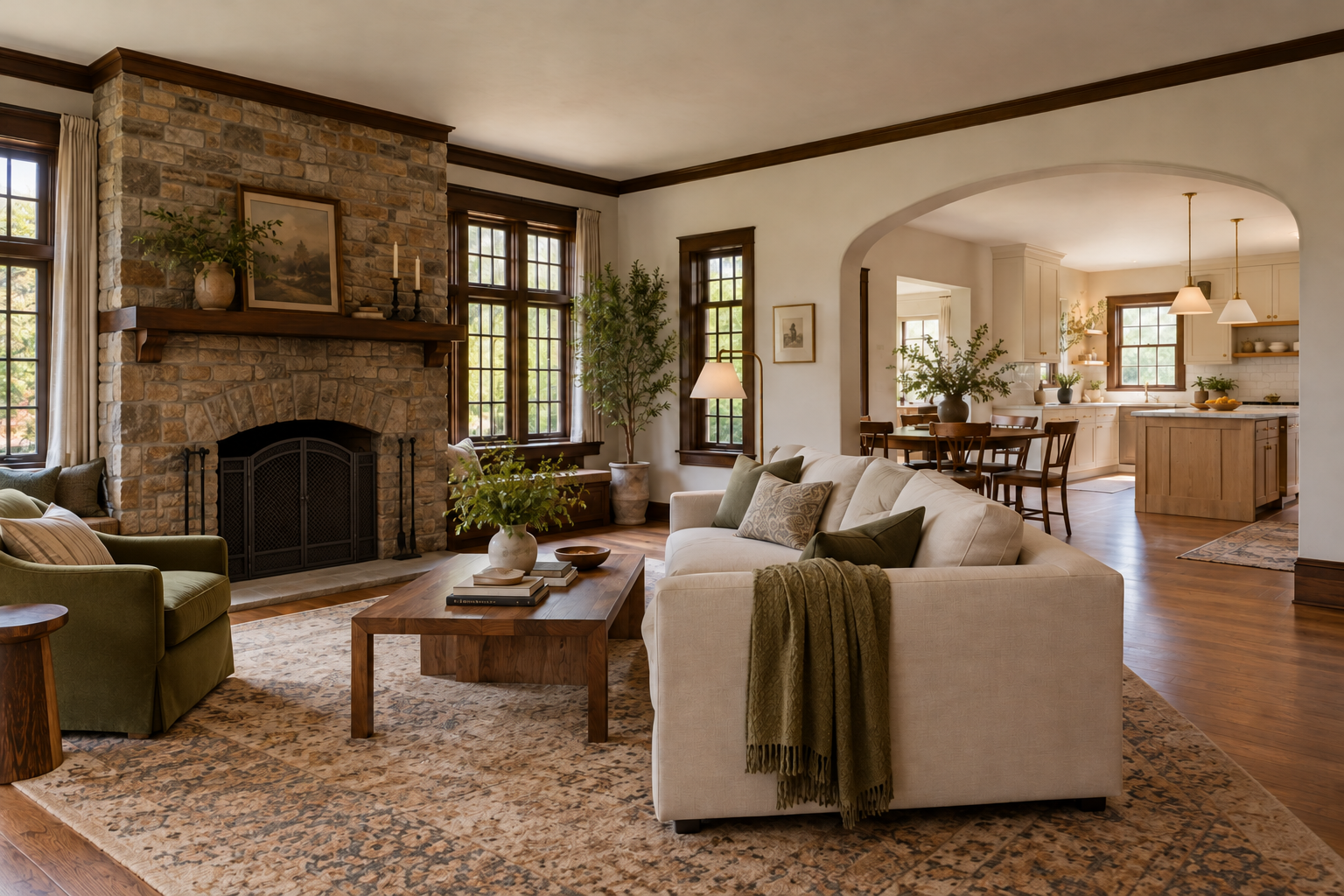 Tudor Revival living room with stone fireplace and leaded windows opening through a broad arch to a light contemporary kitchen.