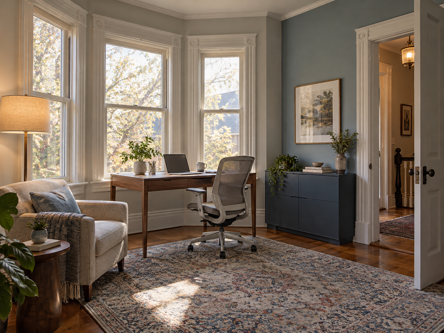 Victorian bay room adapted as a calm home office while retaining tall windows, deep trim and a clear doorway.