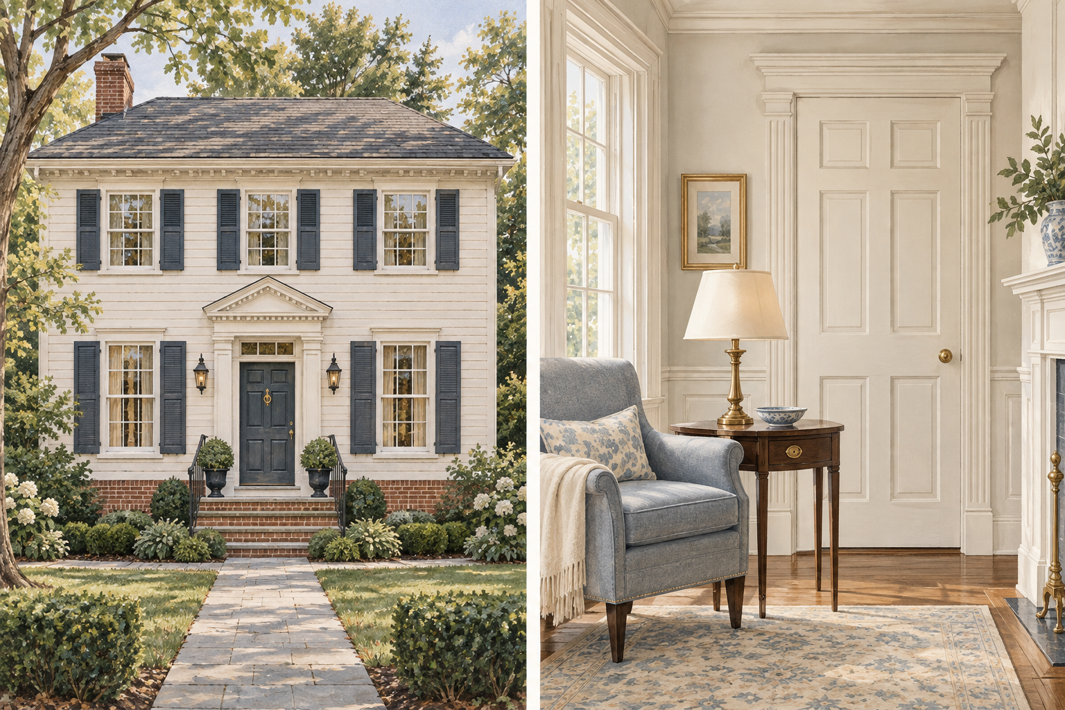 Concept illustration pairing a symmetrical Colonial Revival facade with classical painted trim, a paneled door and restrained traditional furnishings.