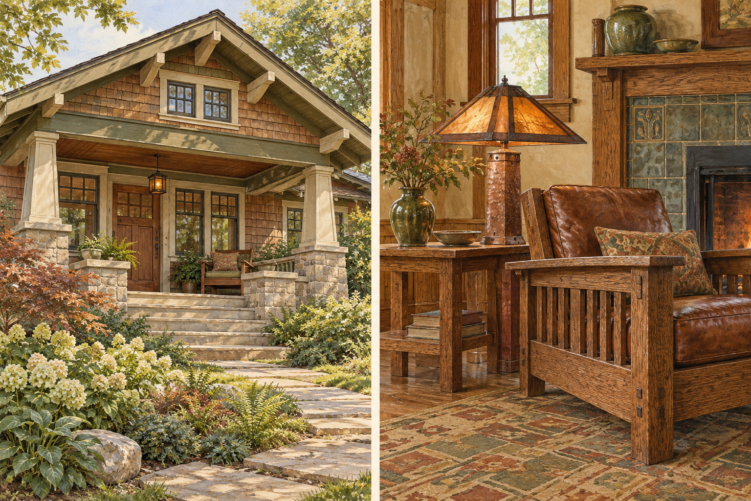 Concept illustration pairing a Craftsman porch with an oak armchair, handmade ceramic tile and a copper-toned shaded lamp.