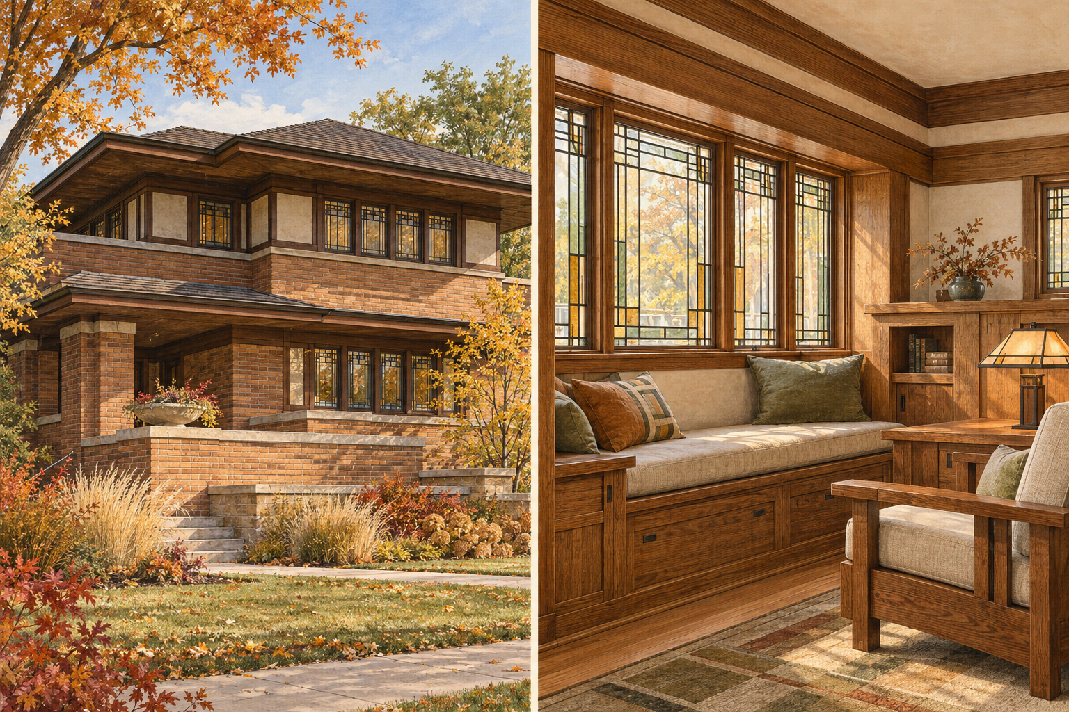 Concept illustration pairing a low-roofed Prairie house with horizontal oak trim, geometric art glass and built-in seating.