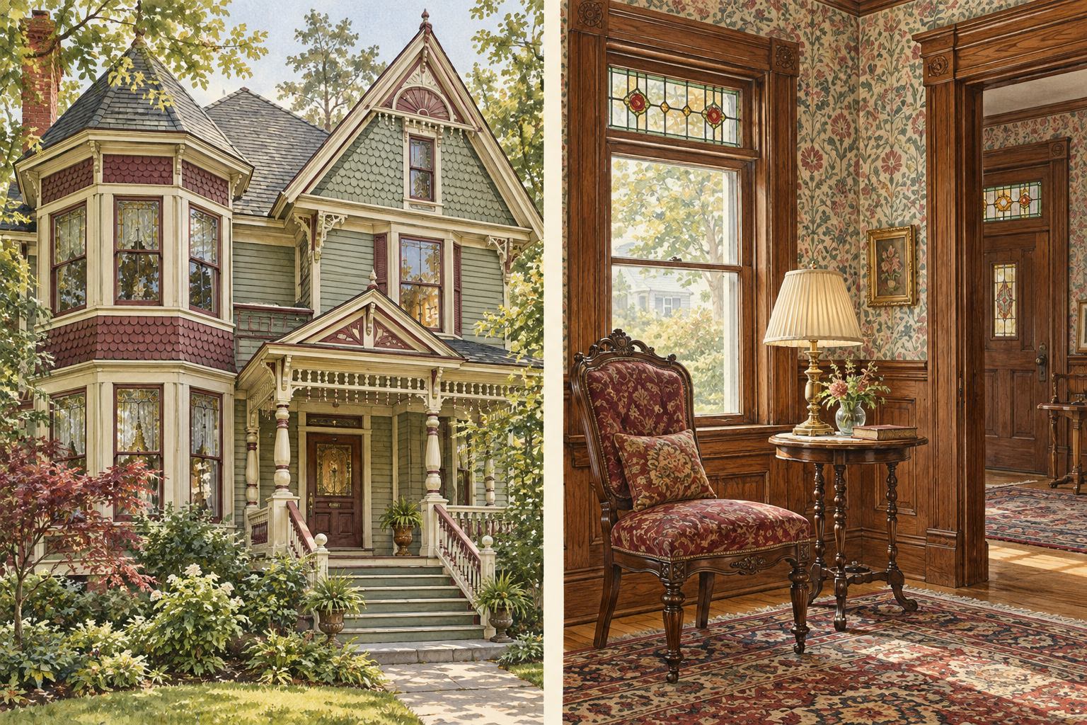 Concept illustration pairing an asymmetrical Queen Anne facade and patterned shingles with carved woodwork, floral wallpaper and period-inspired furniture.