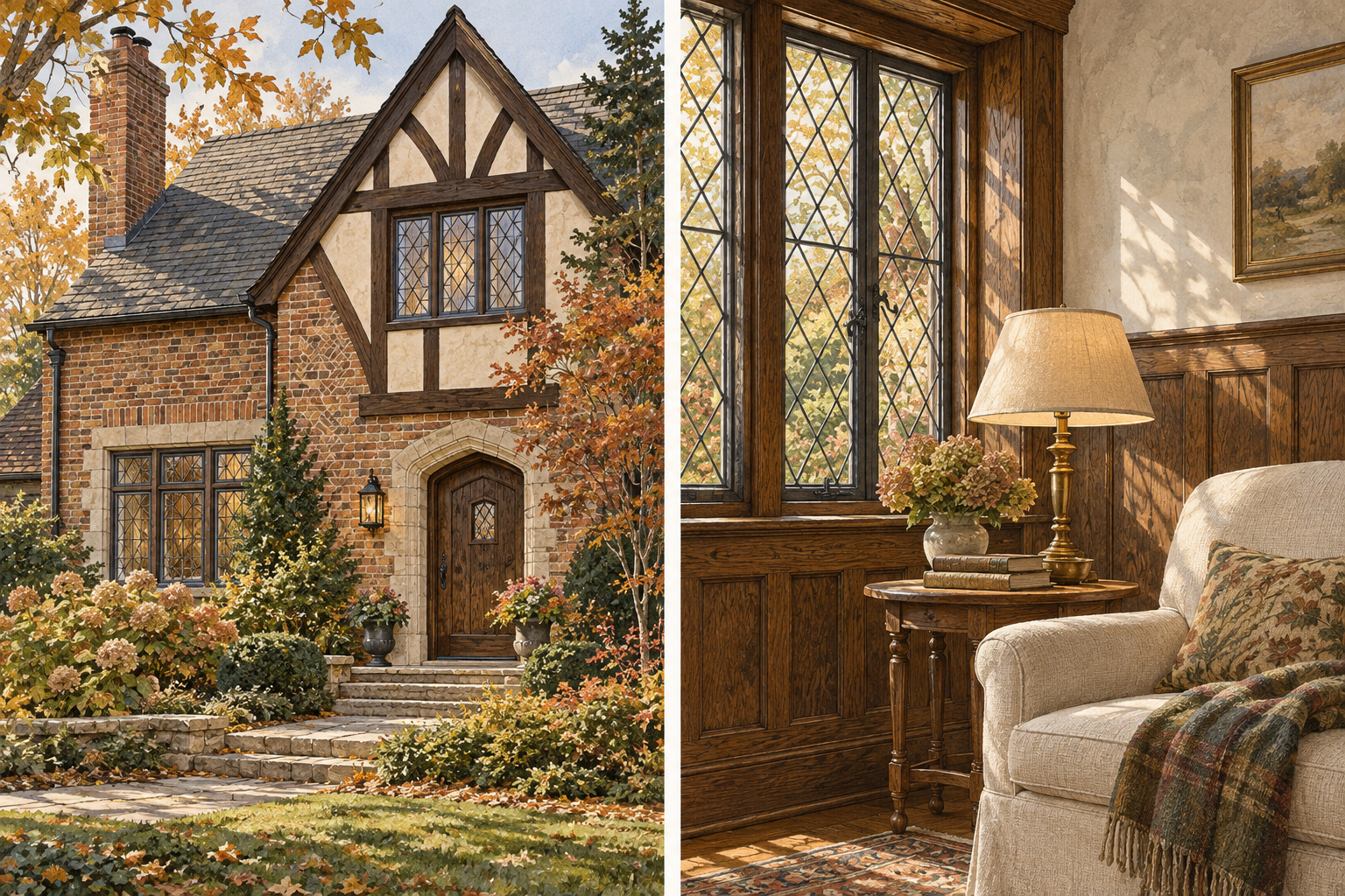 Concept illustration pairing a steep-gabled Tudor Revival entry with leaded casements, oak paneling, a linen chair and brass lamp.