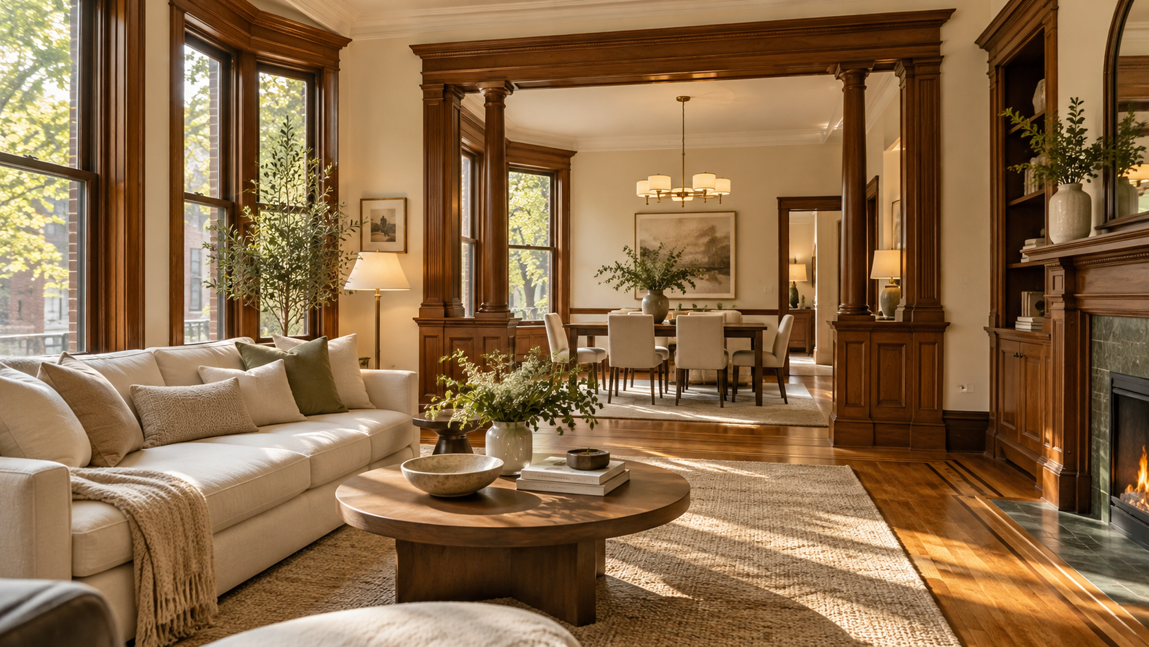 Older-home living and dining rooms updated with retained woodwork, contemporary furniture and a brighter rear room.
